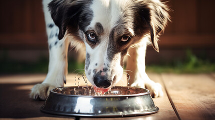 Close up of a dog drinking water from a bowl