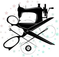 Retro sewing machine, scissors and needle and thread. Design for cutting and sewing