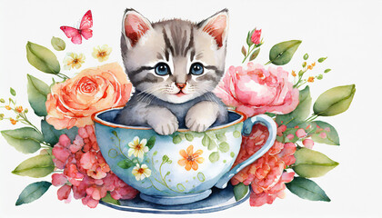 cute cartoon kitten sitting in a tea cup with flowers funny cat character design spring concept...