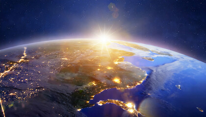 panoramic view on planet earth globe from space with rising sun glowing city lights light clouds generative ai