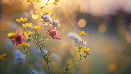 art wild flowers in a meadow at sunset macro image shallow depth of field abstract august summer nature background