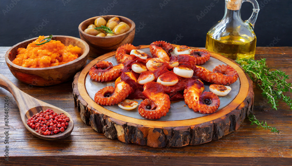 Canvas Prints delicious wooden plates of galician style cooked octopus with paprika and olive oil pulpo a la galle