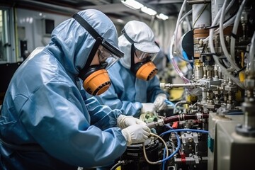 Workers in protective suits with respirators disassemble parts of equipment for production