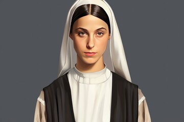 Young Catholic nun woman in apostolic standing with folded hands quietly smiling sweetly - obrazy, fototapety, plakaty