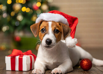 Jack Russell Terrier puppy with hat, lying next to Christmas gifts, ideal for a Christmas card