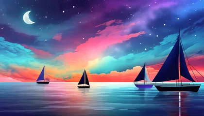 Deurstickers cosmic gradient ocean with sailboats cloudy atmosphere pc desktop wallpaper background ai generated © Pauline
