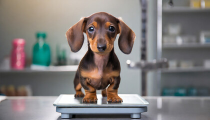 dachshund puppy standing on a scale at the veterinary clinic emphasizing the importance of weight and diet in maintaining a pet s health and well being