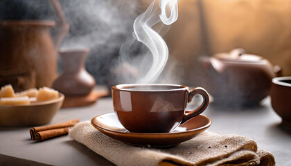 steamy sip a cup of fresh tea or coffee warms the morning the steam rising from the brown mug in a comforting invitation - obrazy, fototapety, plakaty