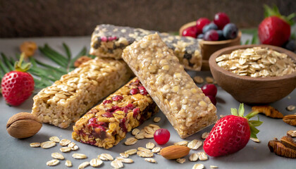 various granola bars on table background cereal granola bars superfood breakfast bars with oats nuts and berries close up superfood concept - Powered by Adobe