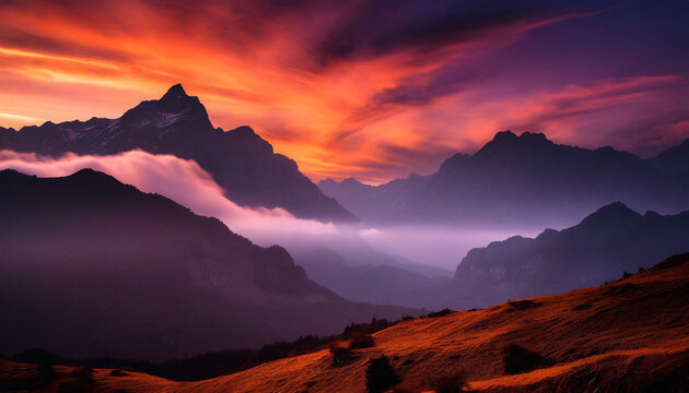 Vibrant Dark Dramatic Landscape With Mountains And Motion Clouds Pc Desktop Wallpaper Background Ai Generated