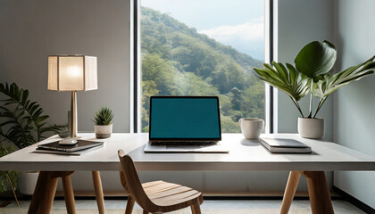 minimal modern room with interior laptop device blank screen on table mockup ai generated