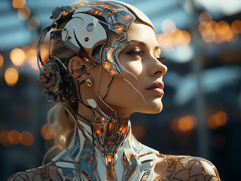 a young woman in a futuristic metallic shiny suit uses the latest achievements of nanotechnology or space developments. on a blurred background.