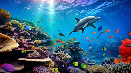beautiful underwater picture of reef alive with abundant vibrant colorful fish dolphins Generative AI