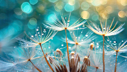 dandelion seeds in droplets of water on blue and turquoise beautiful background with soft focus in...
