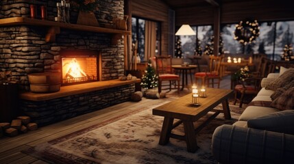 Naklejka premium A cozy living room with a fireplace and christmas decorations, AI