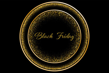 Gold fine dust on a black background, gold dust banner in the form of a frame for Black Friday. Gold shiny background with the words Black Friday for your sales.