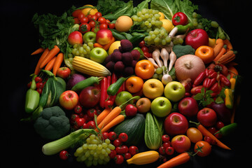 Fruits and vegetables.Assortment of fresh organic fruits and vegetables in rainbow colors.Background