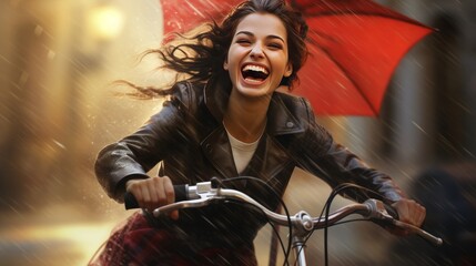 Young woman laughing and clutching an umbrella while cycling around the town on a rainy day