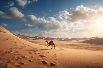 A Hot Dry Desert Landscape of Golden Rippled Sand Against a Bright Blue Sky with Clouds Sun Shine Rocks Grass Tumbleweed and a Camel