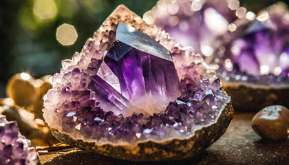 stunning glistening amethyst geode natural semi precious stone crystal - obrazy, fototapety, plakaty