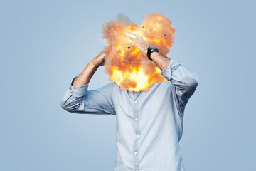 Creative business man with head explosion, creative idea. Stressed, angry and irritated, concept....