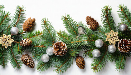 Fototapeta na wymiar christmas border with fir branches and cones on white