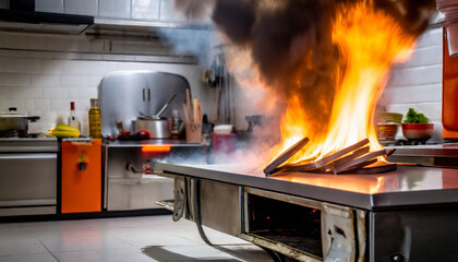sudden accident in the kitchen leads to a fire outbreak causing chaos and urgency quick thinking and action are essential to prevent further escalation - obrazy, fototapety, plakaty