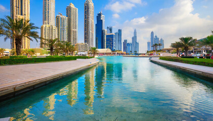 water pond near the entrance to dubai mall and on promenade embankment with skyscrapers in the background