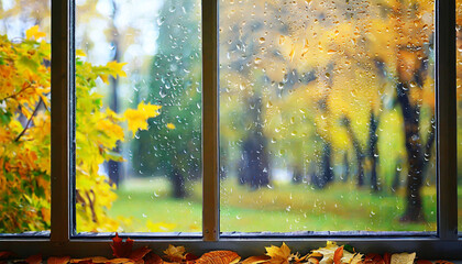 rain outside the window in the landscape of autumn park and yellow leaves