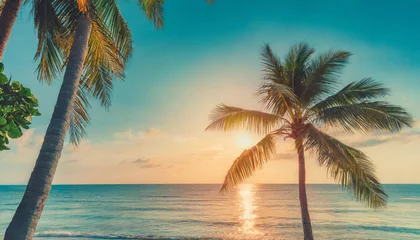 Poster summer beach background palm trees against blue sky banner panorama travel destination tropical beach background with palm trees silhouette at sunset vintage effect meditation peaceful nature view © William