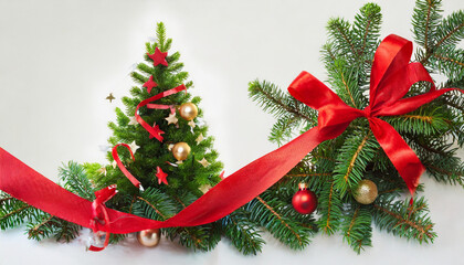 Fototapeta na wymiar close up christmas tree with red ribbon on white