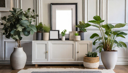 plants and a planter in front of a white mantel plant vases canvas and a decorative photo frame modern interior design of the living room - obrazy, fototapety, plakaty