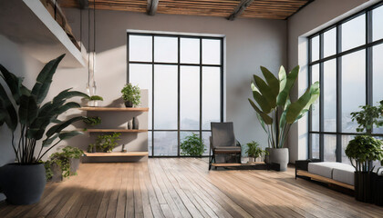 empty room of modern contemporary loft with plants on wooden floor generative ai
