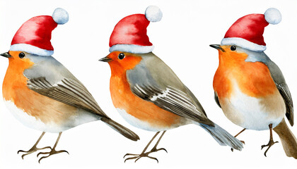 winter bird isolated on white background cute watercolor bird robin in red hat warm winter...