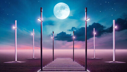 neon empty futuristic field with poles with cloudy sky and a shining moon phone hd wallpaper ai generated