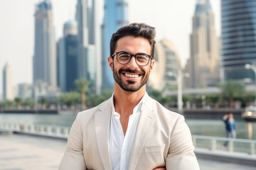 Wealthy attractive happy young male executive smiling looking away posing in downtown dubai.