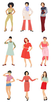 Set of females in retro fashion, 70s style fashion, collection.