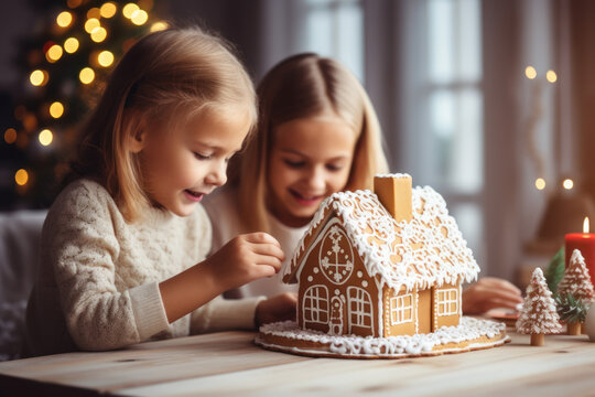 Two little girls decorating handmade gingerbread house. Gingerbread house is Christmas symbol that represents joy and creativity of holiday season