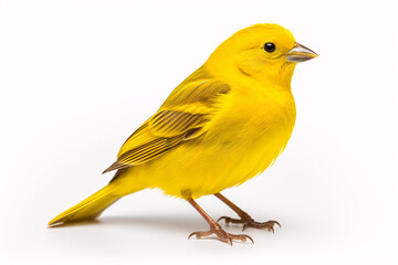 A yellow canary is captured in an isolated studio shot against a white background.