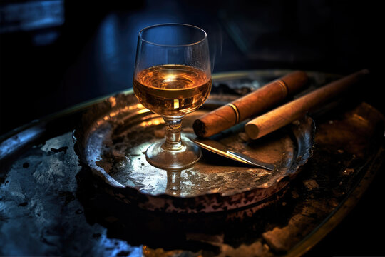 Glass of scotch whiskey.Old and tasty brendy.Whiskey glass on the old wooden table