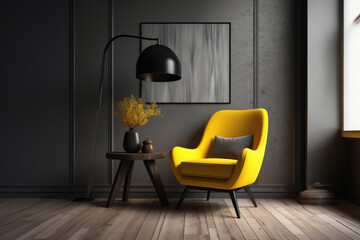 Colorful interior with a yellow armchair.Modern and classic living room interior design, Spring Summer house concept , yellow armchair