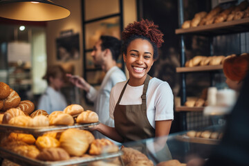 Attractive female seller puts fresh pastries on display and sells them to customers - obrazy, fototapety, plakaty