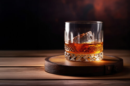 Glass of scotch whiskey.Old and tasty brendy.Whiskey glass on the old wooden table