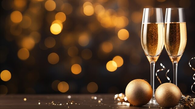two champagne glasses decorations table begin again new years eve golden embers flying post ever present ball sitting alone bar gold bars