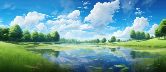 In the summer the sky was a vibrant blue with fluffy white clouds floating lazily above the lush green trees and grass of the park creating a breathtaking landscape that highlighted the beau