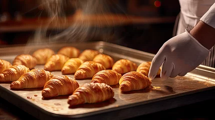 Foto op Aluminium Close Up View Of Baker Preparing Golden Croissants For The Oven. Macro Shot Of  Delicious Croissants Made By The Baker. Generative AI © Immersive Dimension