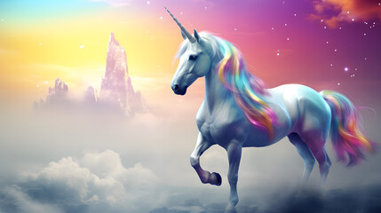 Majestic Unicorn with Rainbow Mane in Dreamy Sky Landscape