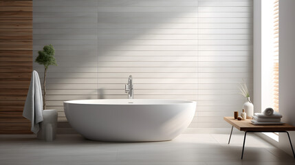 Fototapeta na wymiar Modern Bathroom Interior with Freestanding Bathtub and Natural Light