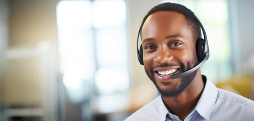 afro american man with headset working at call center. customer help desk support, telemarketing. banner with copy space