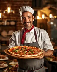 A chef holding a delicious pizza.